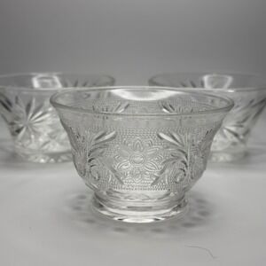 Vintage Clear Pressed Glass Bowls Set of 3 Floral Starburst Sunburst Dessert